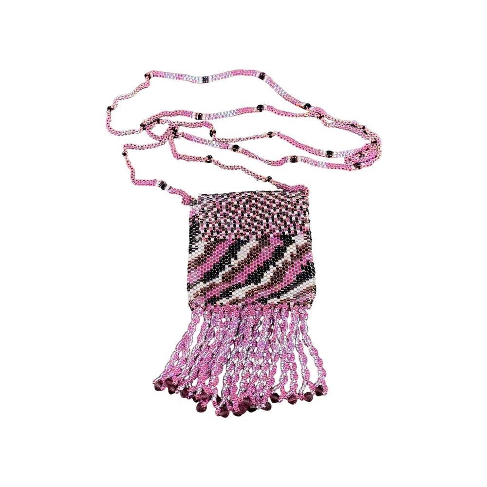 Vintage Beaded Amulet Pouch Necklace, 90s Peyote Stitch Pink Medicine Bag